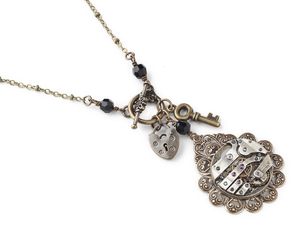 Steampunk necklace antique silver watch movement gold filigree flower lock key charm black crystal