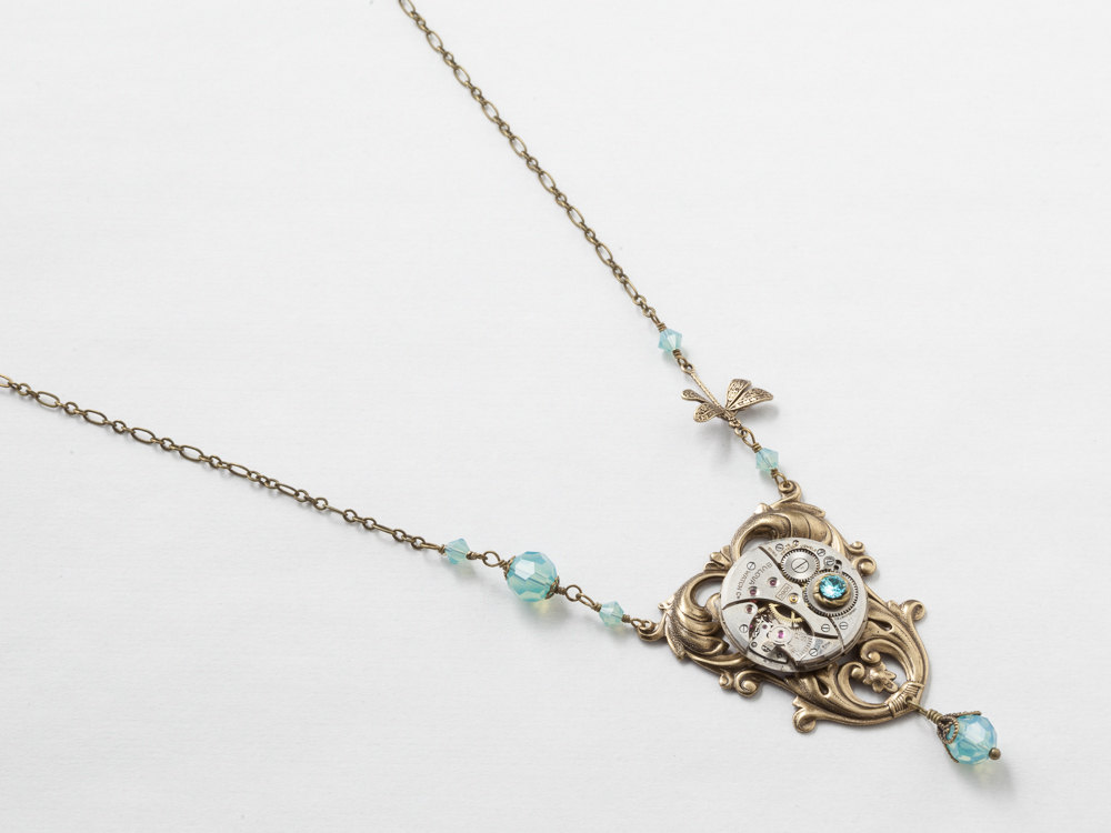 Steampunk Necklace Antique Silver Watch Movement on Victorian Leaf Filigree with Pearl Blue Topaz Crystal Gold Dragonfly