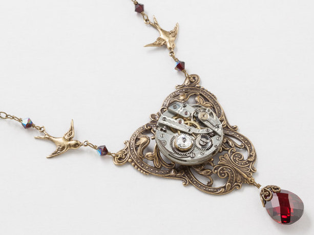 Steampunk Necklace Antique Silver Watch Movement on Victorian Leaf Flower Filigree with Pearl Garnet Crystal and Gold Bird Charms