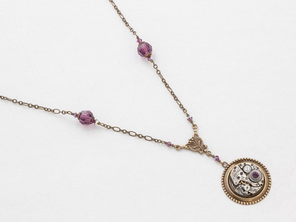 Steampunk Necklace Antique Silver Watch Movement with Amethyst Purple Crystal Beads and Gold Chain Victorian Styled Statement Necklace