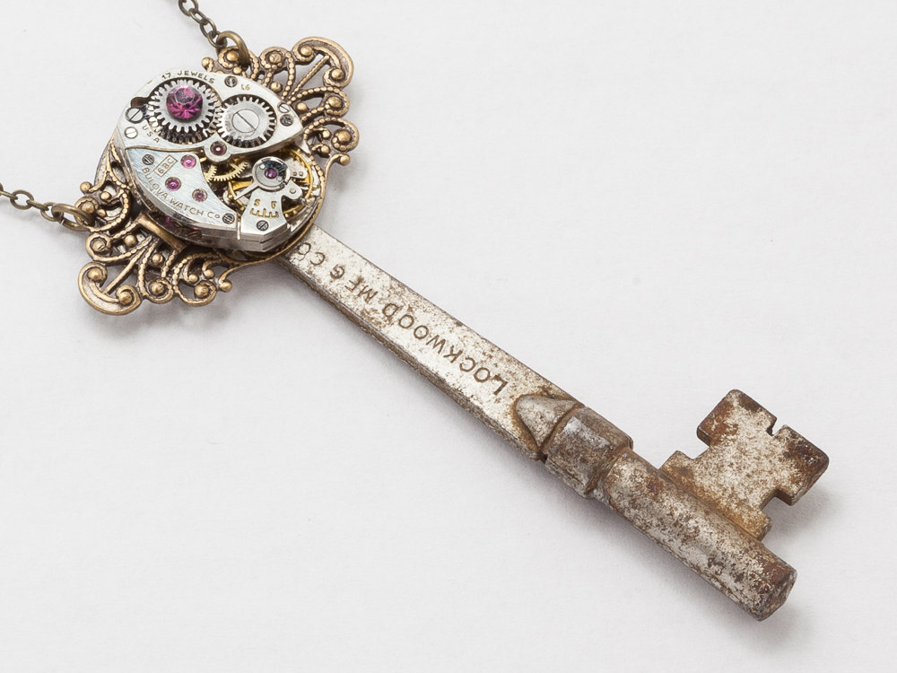 Steampunk Necklace Antique skeleton key silver watch movement gears with purple amethyst crystal gold filigree pendant necklace jewelry