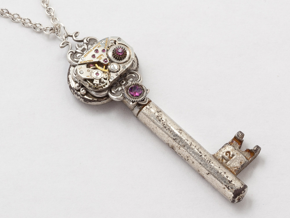 Steampunk Necklace Antique skeleton key watch movement gears with purple amethyst crystal silver filigree pendant Statement Necklace