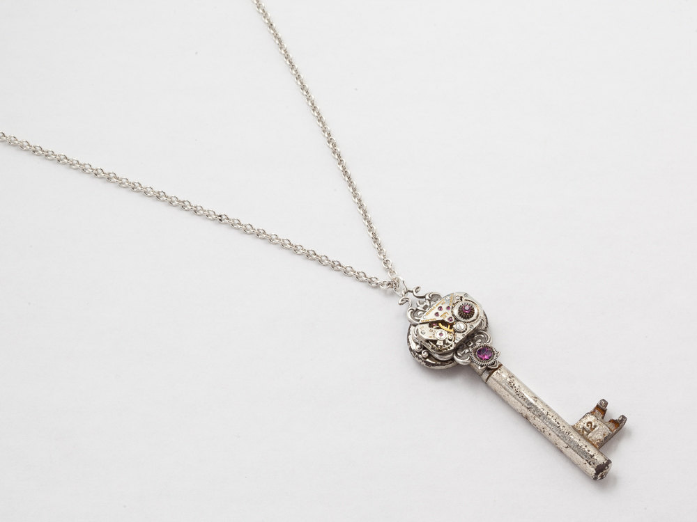 Steampunk Necklace Antique skeleton key watch movement gears with purple amethyst crystal silver filigree pendant Statement Necklace