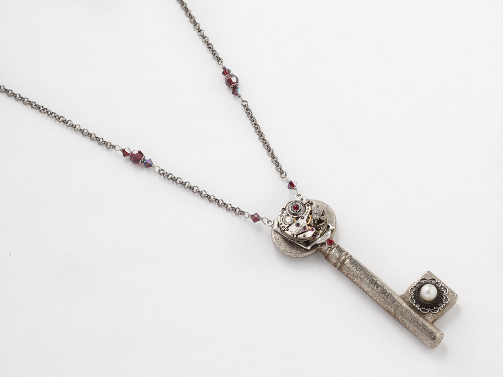 Steampunk Necklace Antique skeleton key watch movement silver filigree garnet red crystal pearl pendant Statement Steampunk Jewelry