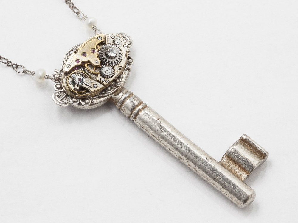Steampunk Necklace Antique Victorian skeleton key watch movement gear silver filigree pearl crystal pendant Statement Steampunk Jewelry