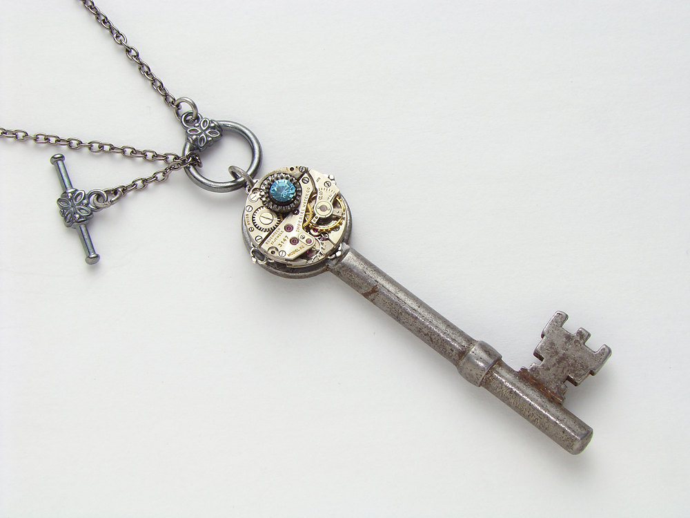Steampunk Necklace Antique Victorian skeleton key watch movement gears silver filigree blue Swarovski crystal