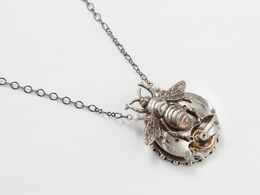 Steampunk Necklace antique watch movement gears pearl silver bumble bee flower filigree