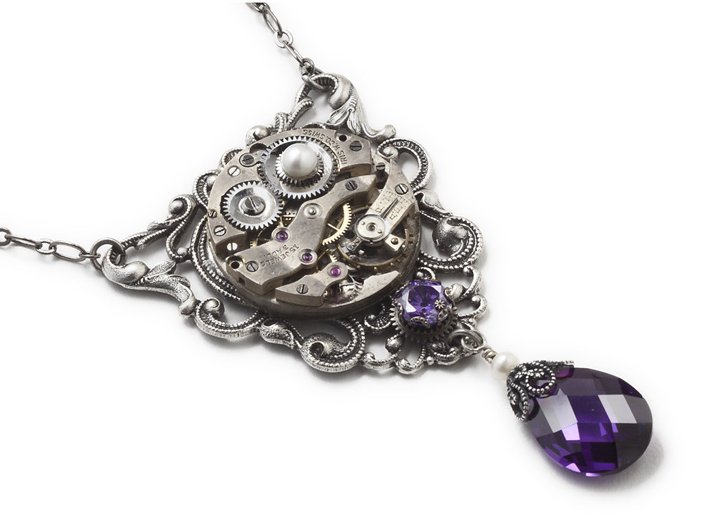 Steampunk Necklace antique watch movement gears silver filigree genuine pearl purple gemstone