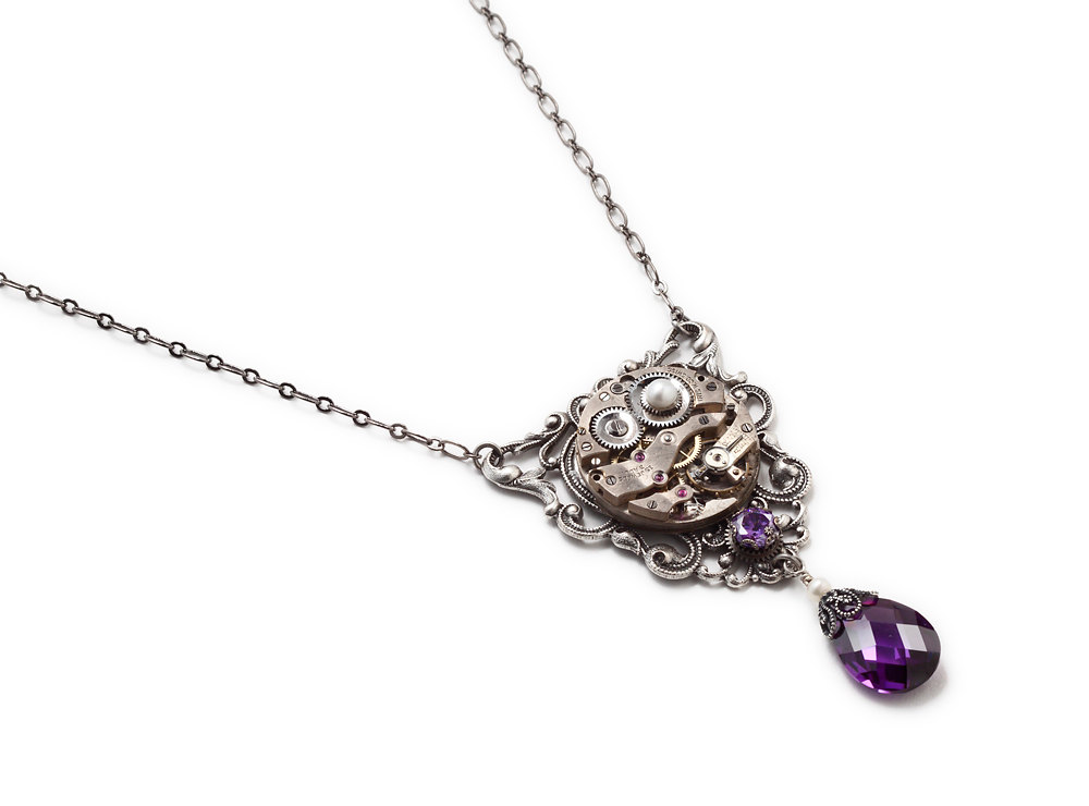 Steampunk Necklace antique watch movement gears silver filigree genuine pearl purple gemstone
