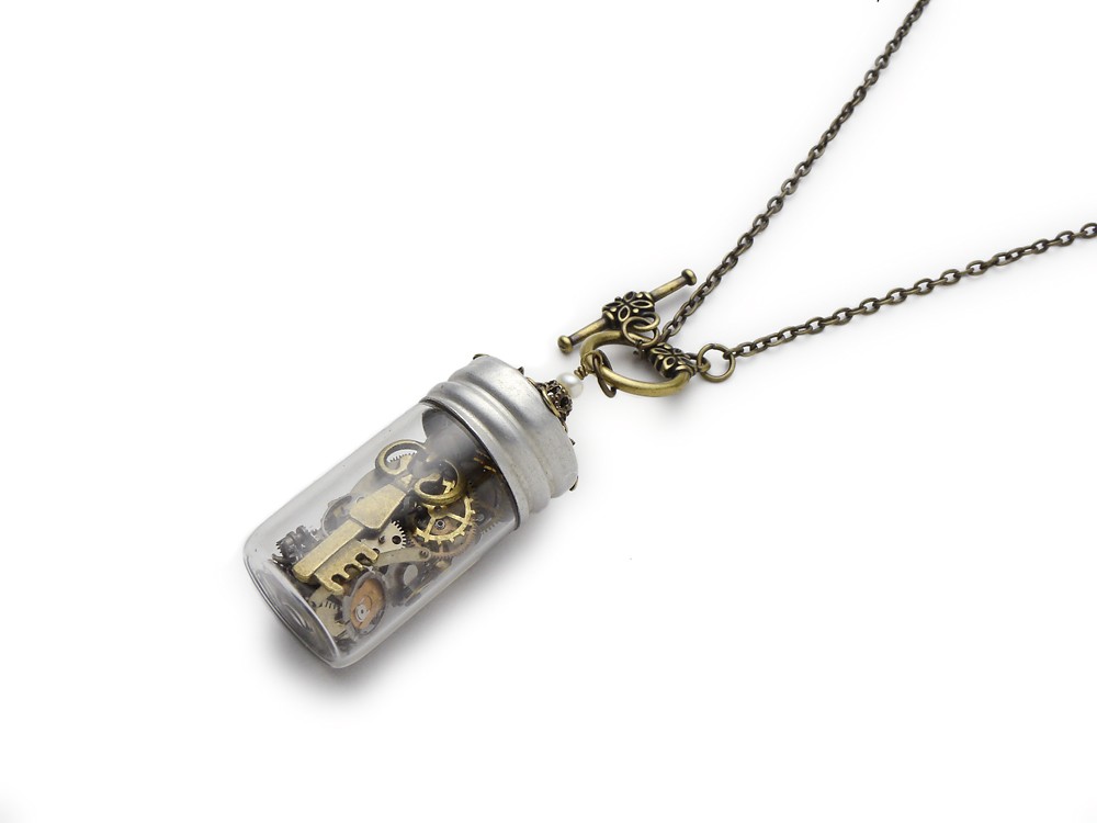 Steampunk Necklace antique watch parts gears glass vial silver key time in a bottle pearl gold filigree pendant