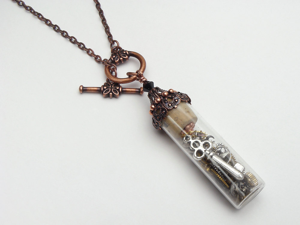 Steampunk Necklace antique watch parts gears key bottle vintage glass vial black crystal copper design