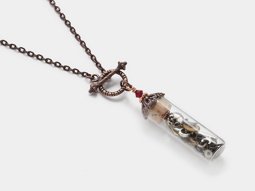 Steampunk Necklace antique watch parts gears skeleton key bottle glass vial red Swarovski crystal copper