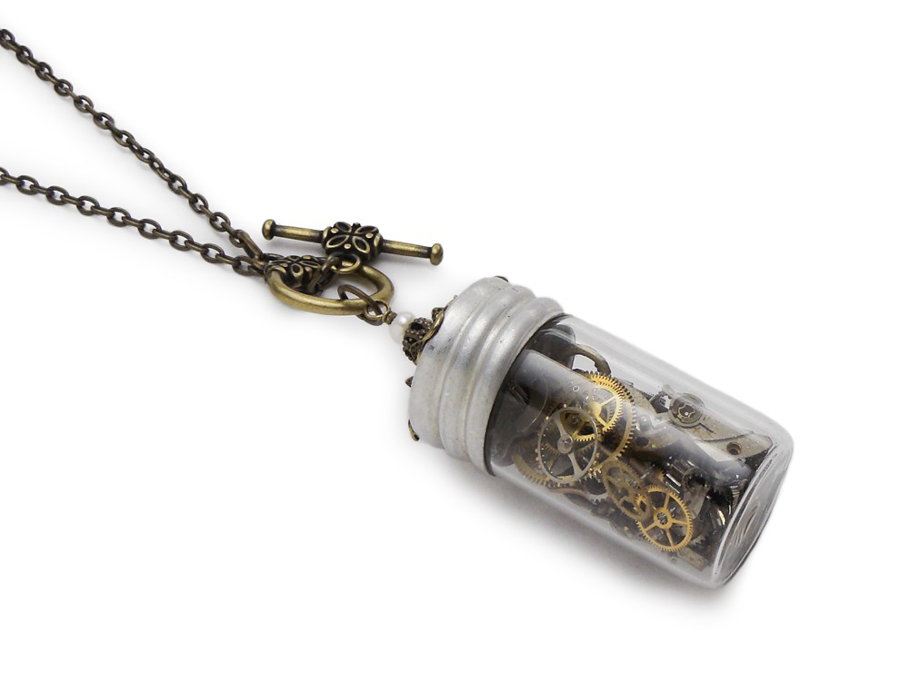 Steampunk Necklace antique watch parts gears vintage glass vial circa 1920 to 1940 skeleton key time in a bottle genuine pearl silver gold brass filigree pendant