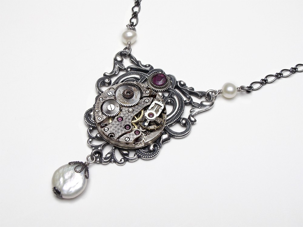 Steampunk Necklace antique wrist watch movement gears circa 1920s silver filigree with genuine ruby and pearls vintage chain gothic neo victorian pendant original jewelry design by Steampunk Nation 765