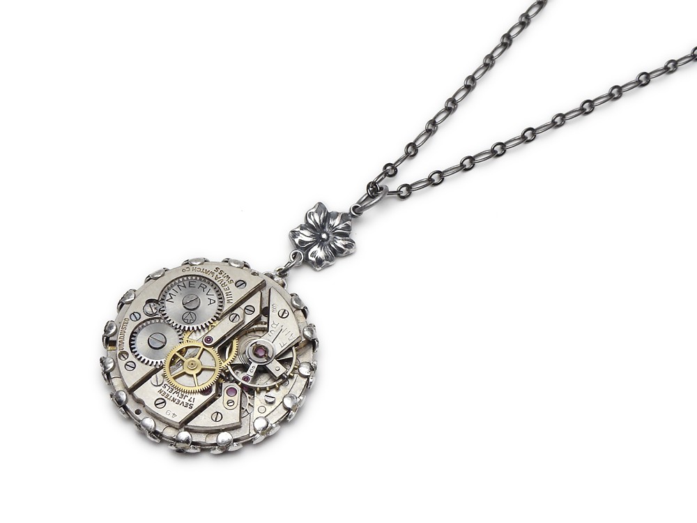 Steampunk Necklace antique wristwatch movement gears circa 1940 17 ruby jewel silver flower with filigree bezel setting vintage chain pendant