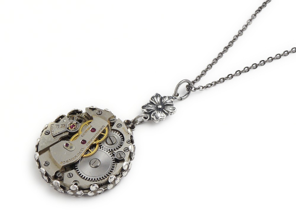 Steampunk Necklace antique wristwatch movement gears circa 1940 17 ruby jewel silver flower with filigree bezel setting vintage pendant