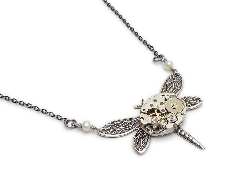 Steampunk Necklace antiqued silver dragonfly watch movement vintage 1960 17 ruby jewels with genuine pearls pendant