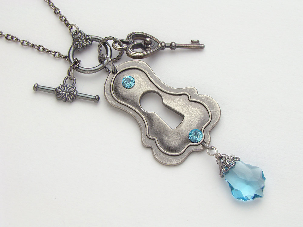 Steampunk Necklace antiqued silver lock heart shaped skeleton key charm blue topaz Swarovski crystal