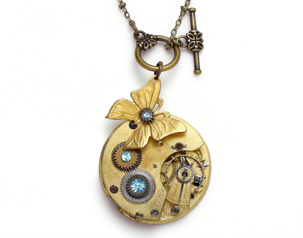 Steampunk Necklace butterfly gold guilloche pocket watch antique 1880 ruby jewel aquamarine blue Swarovski crystal stones pendant