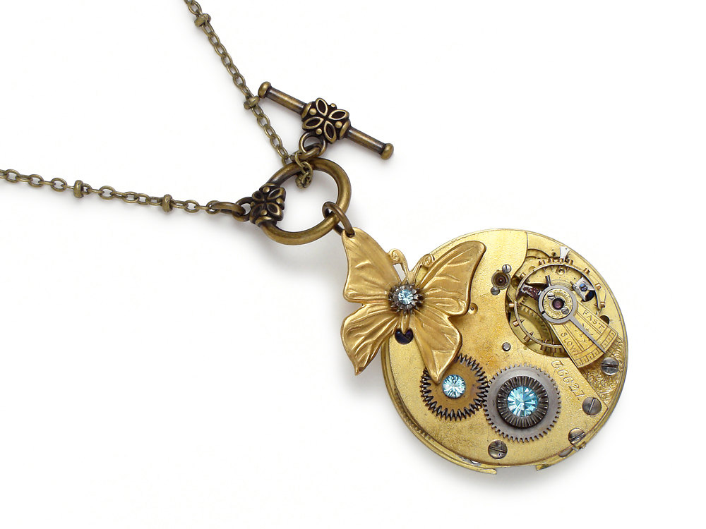 Steampunk Necklace butterfly gold guilloche pocket watch antique 1880 ruby jewel aquamarine blue Swarovski crystal stones pendant