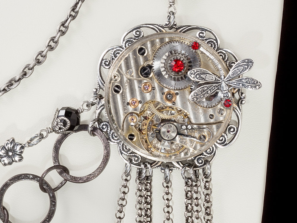Steampunk Necklace Couture Statement Necklace pocket watch movement gears garnet black crystal silver dragonfly Steampunk Jewelry