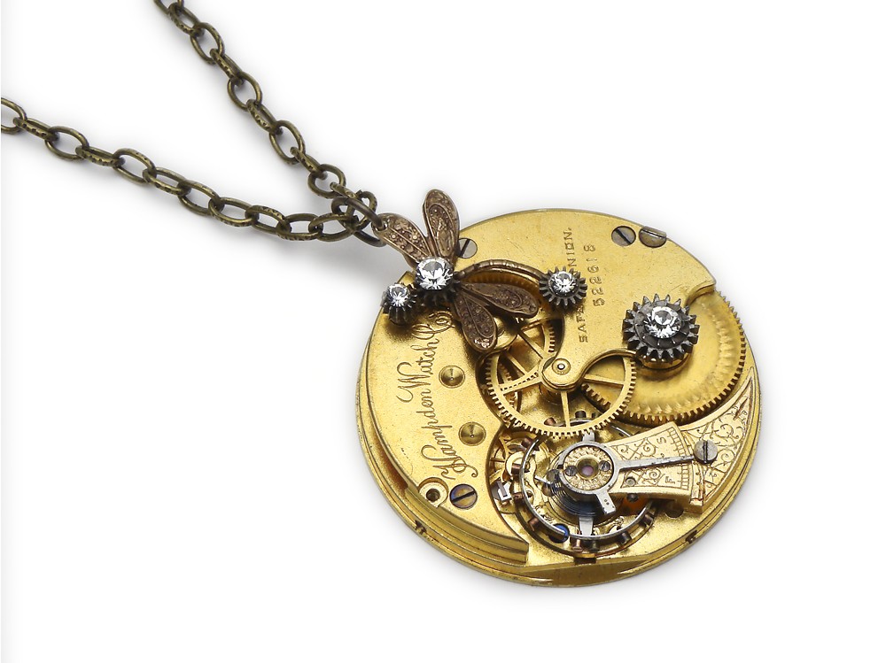 Steampunk Necklace dragonfly gold guilloche Hampdon pocket watch antique 1890 ruby jewel filigree genuine pearl Swarovski crystal stones pendant