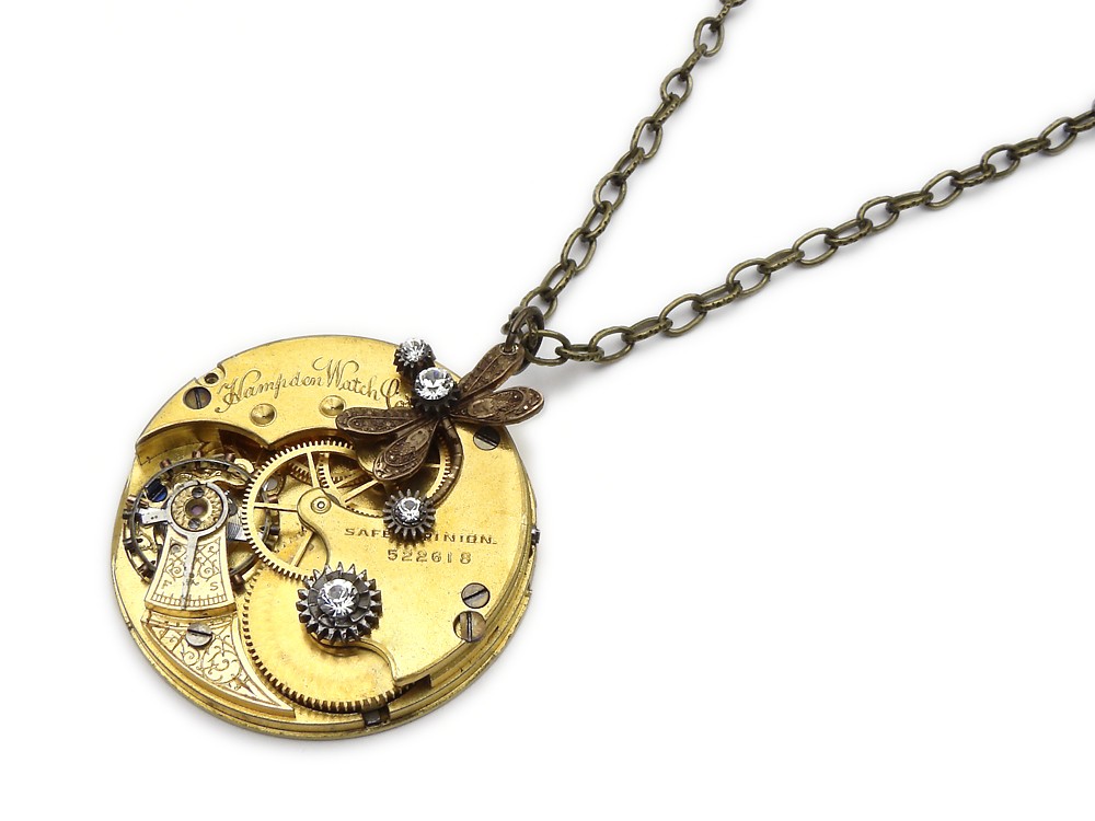 Steampunk Necklace dragonfly gold guilloche Hampdon pocket watch antique 1890 ruby jewel filigree genuine pearl Swarovski crystal stones pendant