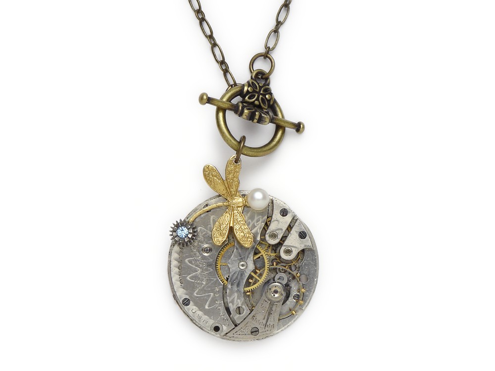 Steampunk Necklace dragonfly guilloche Hampdon Molly Stark pocket watch antique 1900 flower motif gold silver engraved genuine pearl blue Swarovski crystal stones pendant