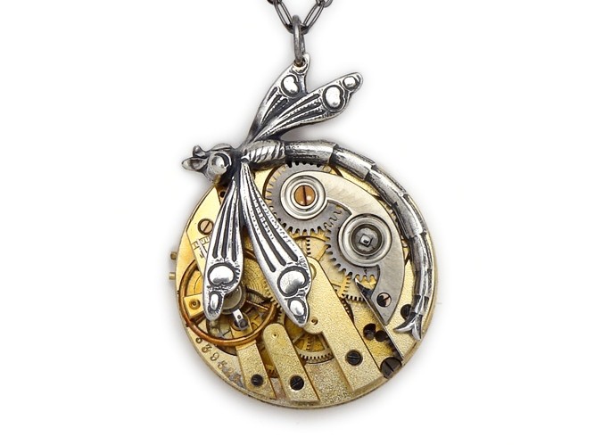 Steampunk Necklace dragonfly pocket watch keywind antique 1890 7 ruby jewel silver gold vintage chain pendant