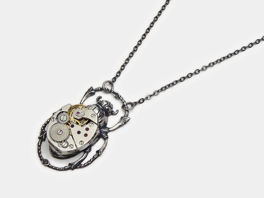 Steampunk Necklace Egyptian scarab beetle Elgin watch movement gears silver pendant jewelry