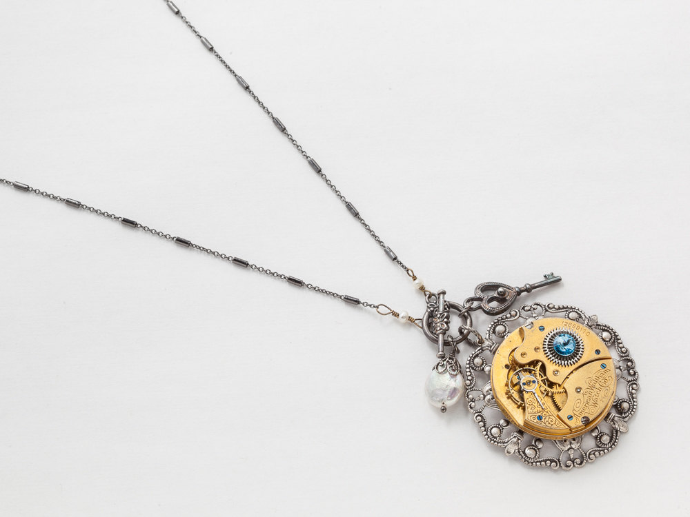 Steampunk Necklace Elgin gold pocket watch movement on silver filigree with blue crystal pearl skeleton key pendant jewelry