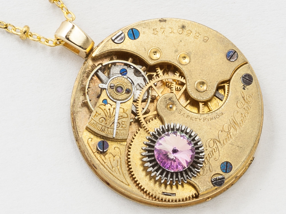 Steampunk Necklace Elgin Gold Pocket Watch with Ruby Jewels Gears and Vitrail Crystal Clockwork Pendant Statement Jewelry