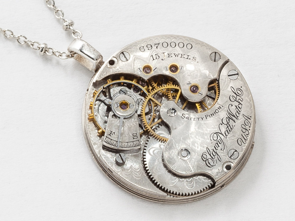 Steampunk Necklace Elgin Pocket Watch Movement Engraved with Flower Scroll Motif on Silver Beaded Chain Victorian Pendant Jewelry