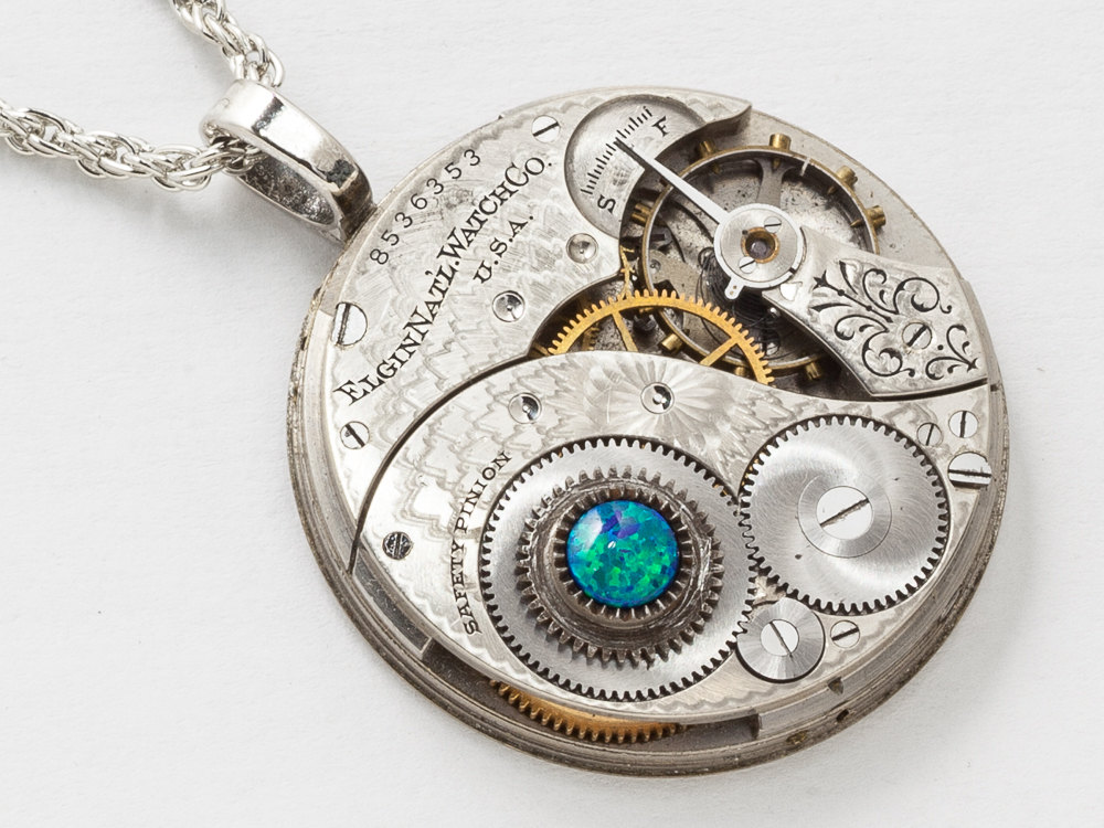 Steampunk Necklace Elgin pocket watch movement on silver rope chain blue green Opal gemstone pendant Statement necklace jewelry