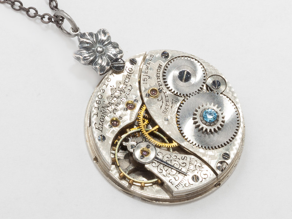 Steampunk Necklace Elgin pocket watch movement silver flower necklace Victorian aquamarine blue crystal pendant Steampunk jewelry