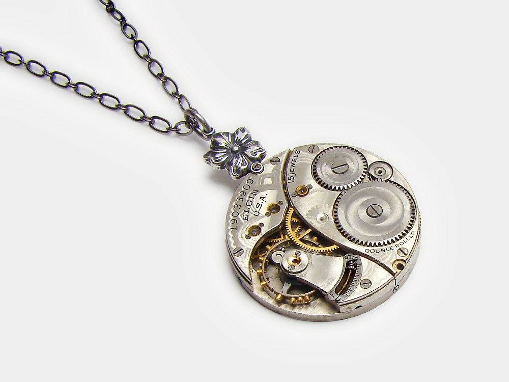Steampunk Necklace Elgin pocket watch movement silver flower pendant Steampunk jewelry