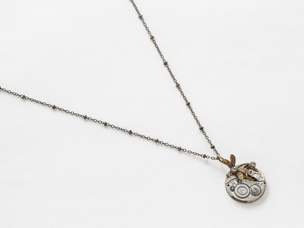 Steampunk Necklace Elgin silver pocket watch movement gears Swarovski crystal gold dragonfly pendant necklace Statement