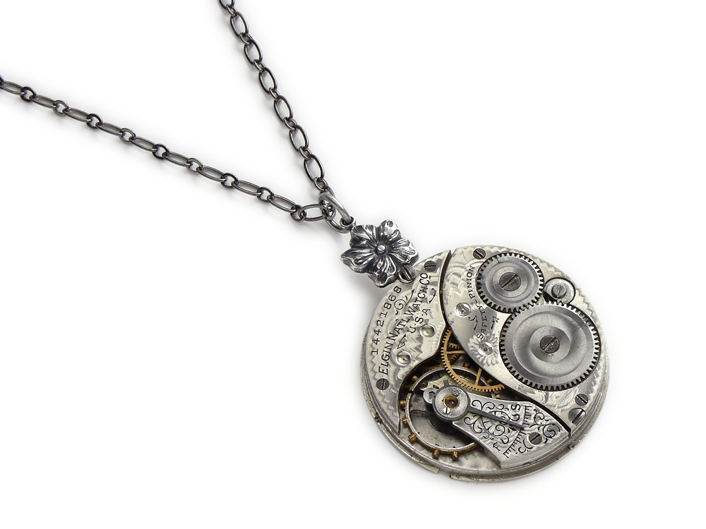 Steampunk Necklace Elgin silver pocket watch movmement flower pendant Steampunk jewelry