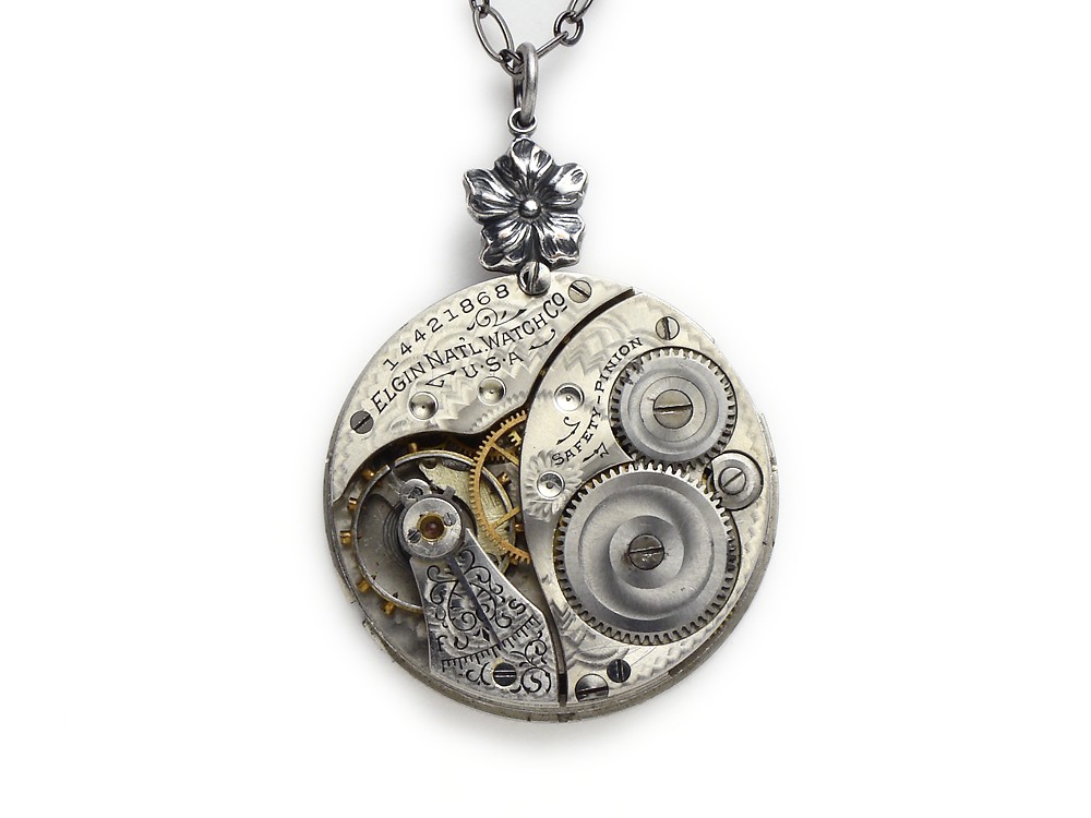 Steampunk Necklace Elgin silver pocket watch movmement flower pendant Steampunk jewelry