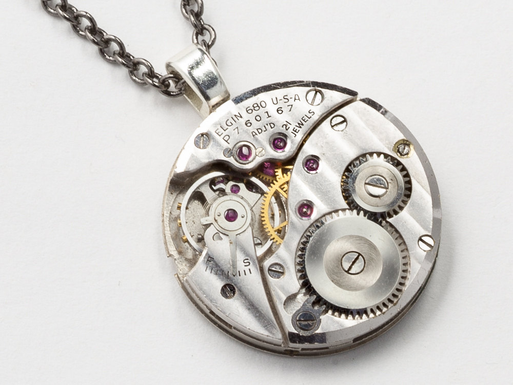 Steampunk Necklace Elgin watch movement gears ruby jewels silver mens womens unisex pendant Steampunk Jewelry