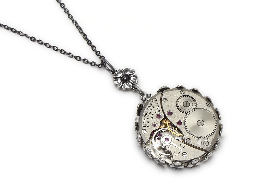 Steampunk Necklace Elgin wristwatch movement gears antique 1930 17 ruby jewel silver flower with filigree bezel setting vintage chain pendant