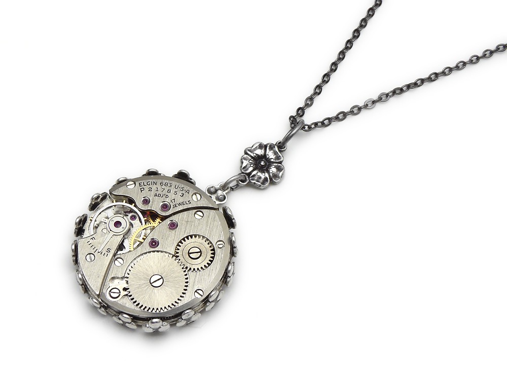 Steampunk Necklace Elgin wristwatch movement gears antique 1930 17 ruby jewel silver flower with filigree bezel setting vintage chain pendant