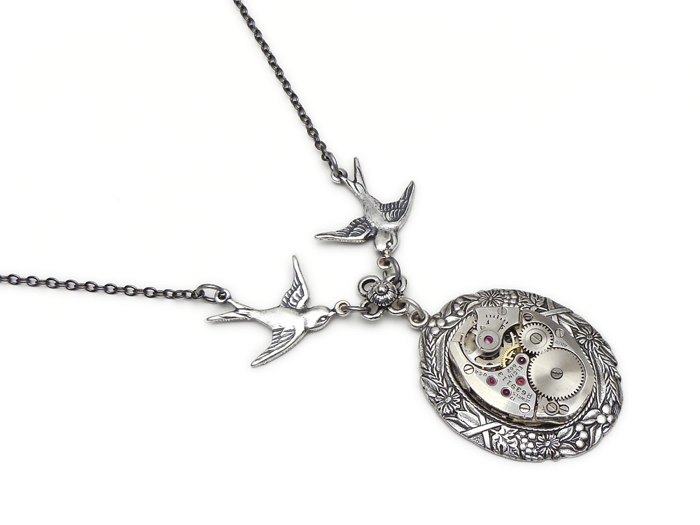 Steampunk Necklace Elgin wristwatch movement gears antique 1940 19 ruby jewel silver flower and leaf motif bezel setting with swallows birds vintage pendant