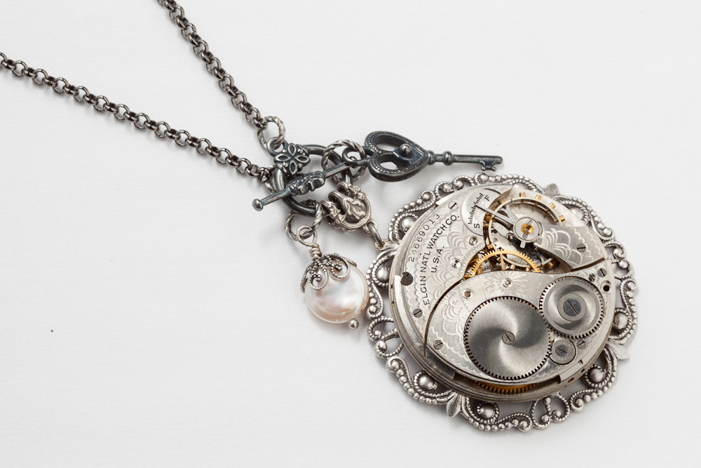 Steampunk Necklace engraved Elgin watch movement gears pearl silver filigree flower Victorian skeleton key