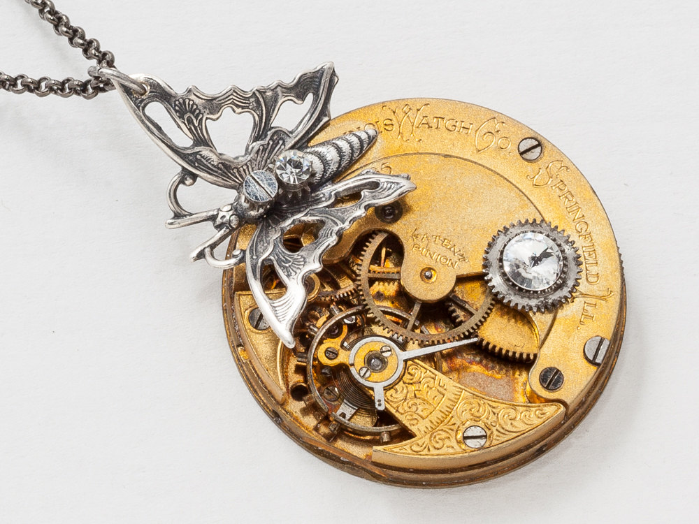 Steampunk Necklace engraved gold pocket watch movement with gears Swarovski crystal stone silver butterfly Victorian