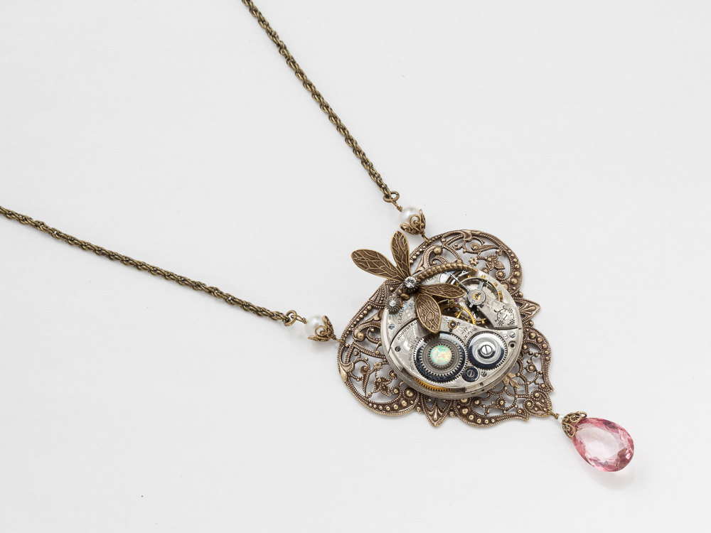 Steampunk Necklace French floral filigree silver pocket watch movement with Opal Pearl pink Quartz gold dragonfly on rope chain