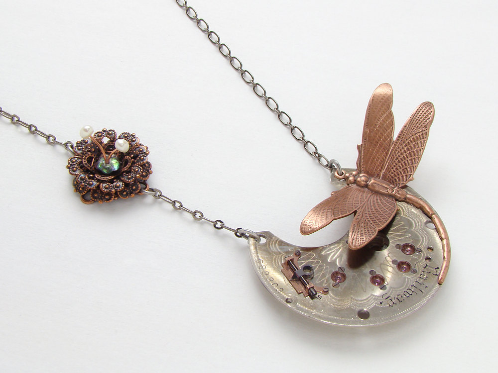Steampunk Necklace gears silver rose gold engraved pocket watch plate pearl copper flower dragonfly