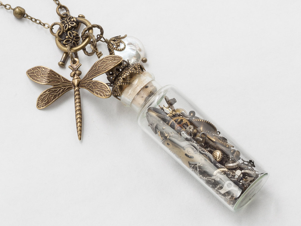 Steampunk Necklace glass vial bottle watch movement parts gears pearl skeleton key filigree pendant Statement Steampunk jewelry
