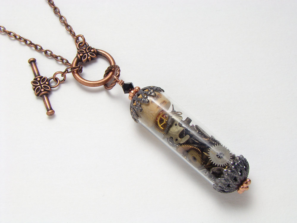 Steampunk Necklace glass vial watch parts gears skeleton key black crystal silver copper bottle