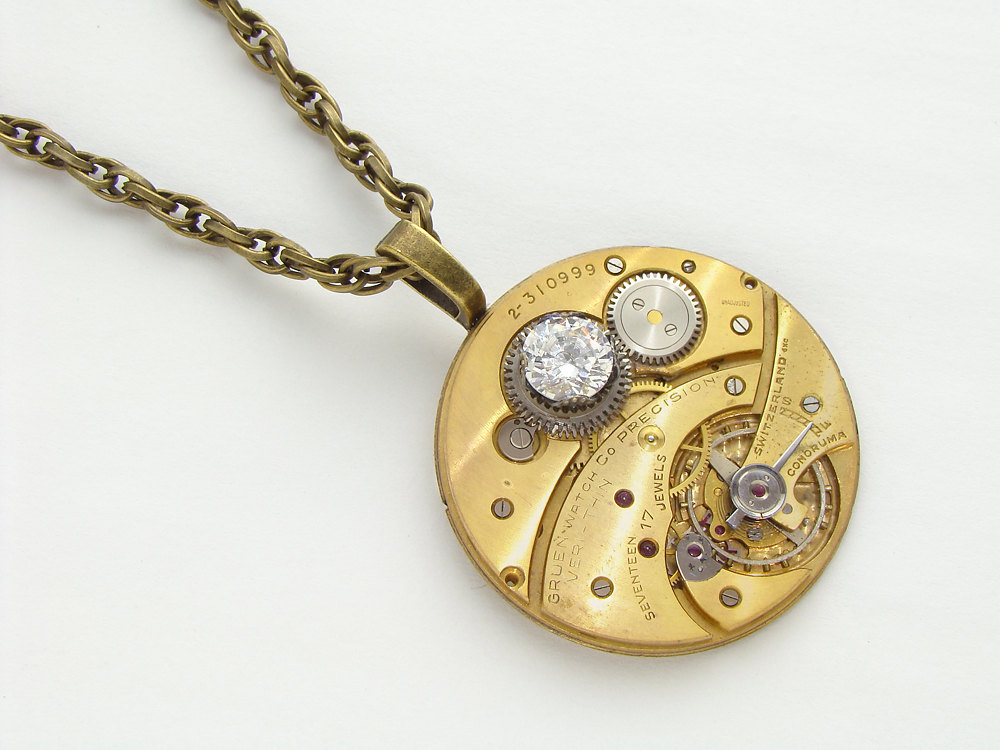 Steampunk Necklace gold brass Gruen pocket watch movement crystal gemstone unisex pendant watch jewelry